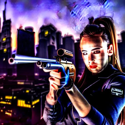 Prompt: photographic portrait of a techwear woman holding a shotgun, closeup, on the rooftop of a futuristic city at night, a futuristic city in the background, sigma 85mm f/1.4, 4k, depth of field, full color, Die Hard, movies with guns, movie firearms