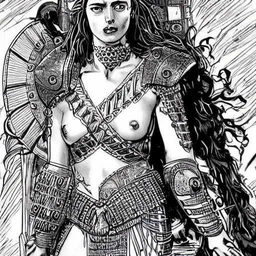 Prompt: greek amazon warrior, a tall beautiful woman with bronzed skin and long red hair, dressed in hellenistic body armour, intricate, elegant, highly detailed, smooth, sharp focus, detailed face, high contrast, graphic novel, art by alan davis,