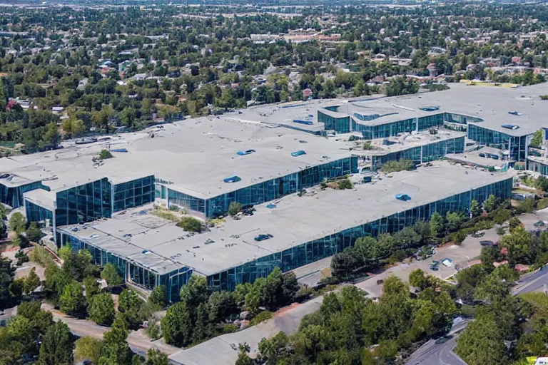 Prompt: aerial view of suburban office headquarters of a tech company