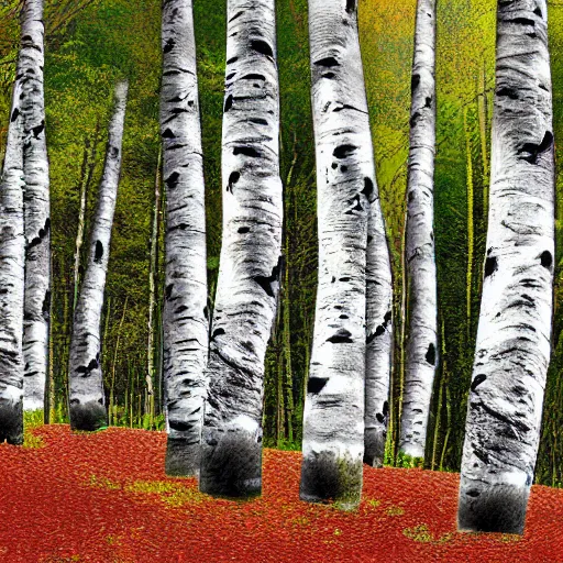 Prompt: Silver birch trees by chunks of bedrock on the side of a hill, digital art, postcard