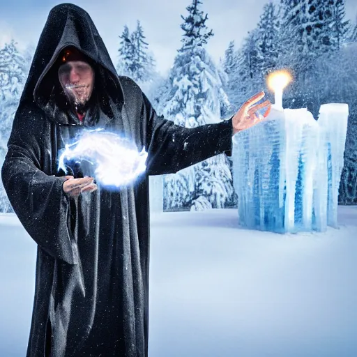 Image similar to a cloaked mage casting a magic spell toward an ice castle