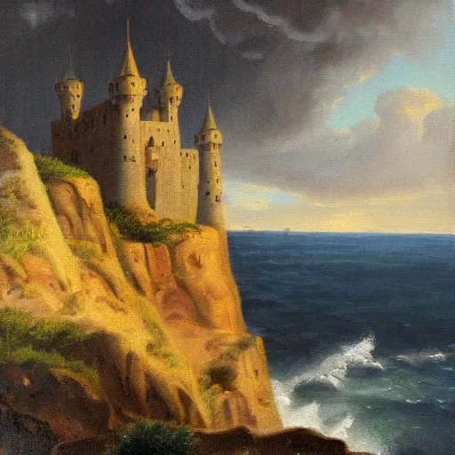 Prompt: john avon painting of a castle on a cliff near the stormy sea