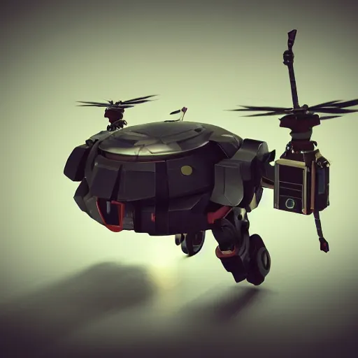 Image similar to small flying robot with mounted turret, sharp edges, sinister, studio lighting, advertising photography, octane render