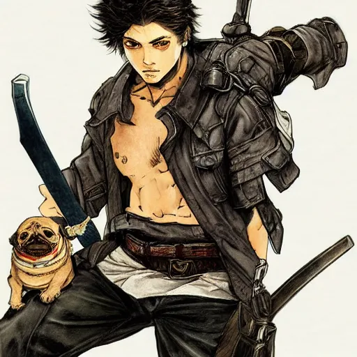 Image similar to young white hispanic handsome man with short light brown hair and light skin and a 5 o clock shadow and holding a pug while fighting against two swordsmen pencil art, added detail, high definiton, colored, backfacing, illustrated by yoji shinkawa