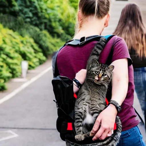 Image similar to a cat carrying a human in a pet backpack