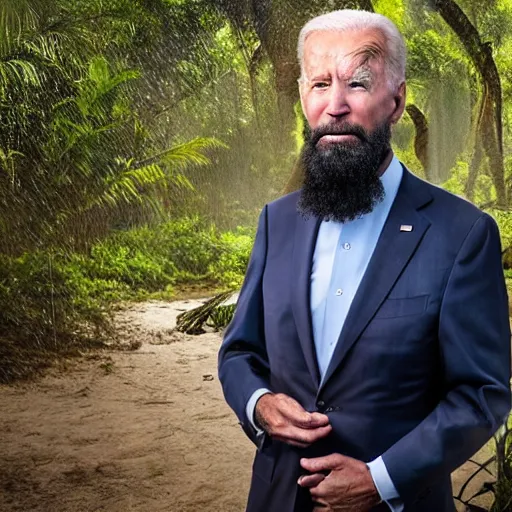 Prompt: 4 k portrait sony a 7 f 2. 8 wide angle of president joe biden as a taliban leader with a beard showering in a tropical jungle shower surrounded by secret agents