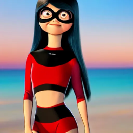 Image similar to realistic photo of Violet Parr from The Incredibles in a two-piece dress at the beach