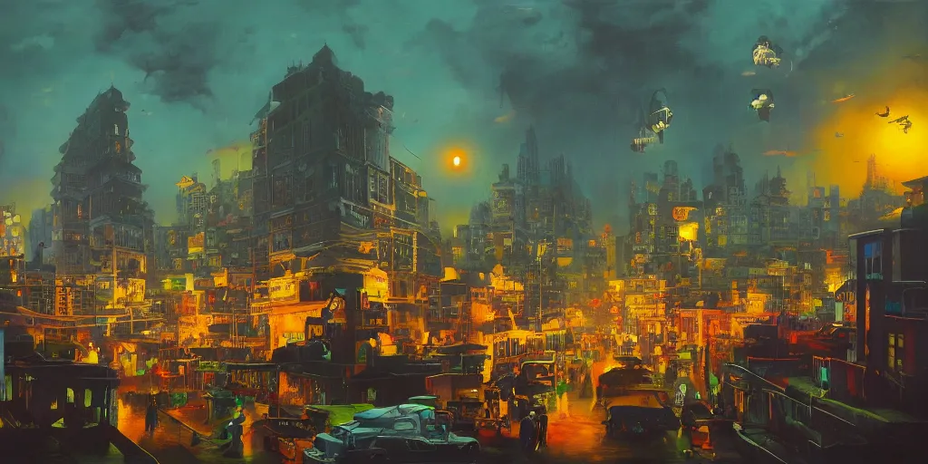 Prompt: a beautiful, surreal painting of india portrayed as gotham city at night filled with police cars, people and batman signal shining at the background on the clouds by gerardo dottori and simon stalenhag, oil on canvas, full hd, 8 k