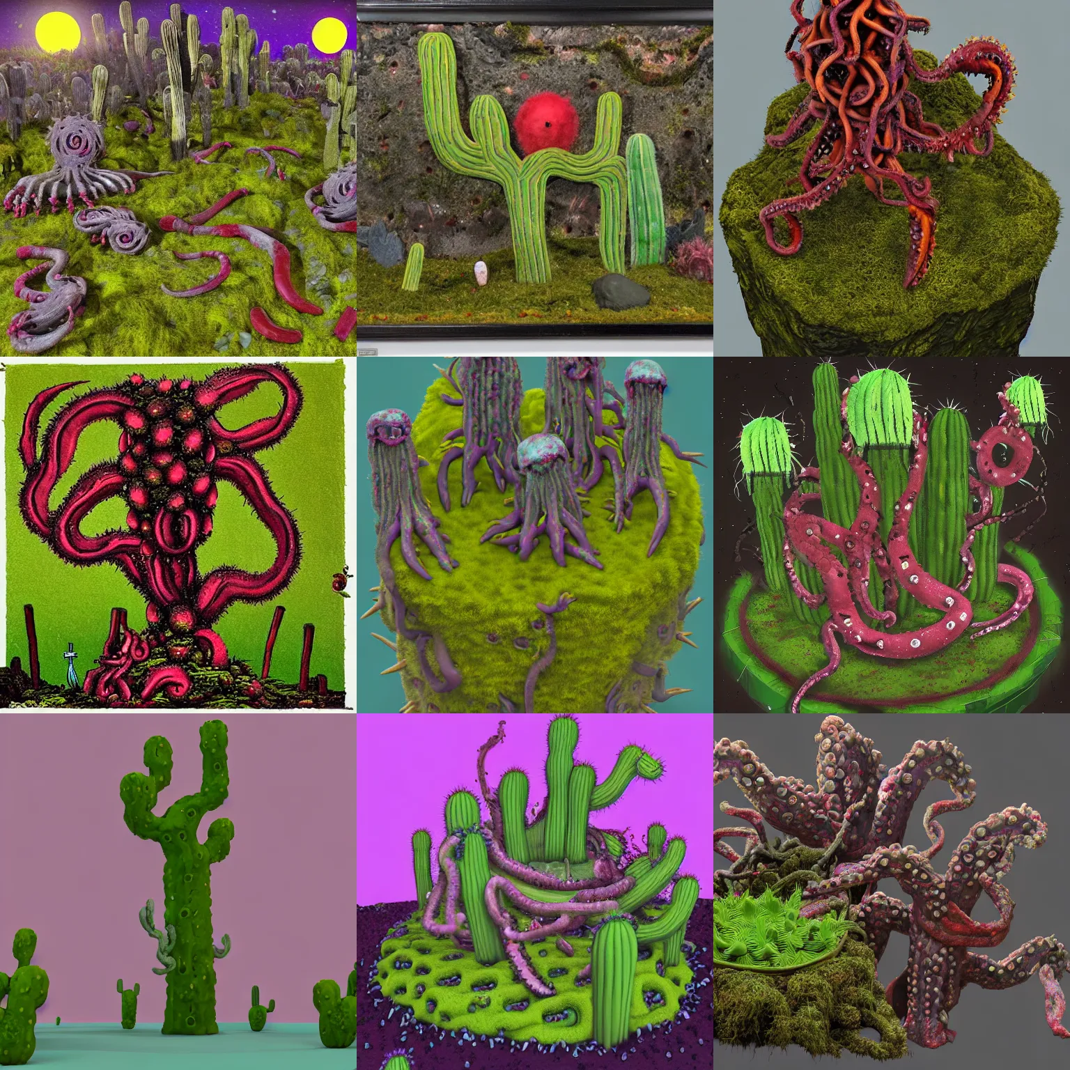 Image similar to voidless of the festival!, The Graveyard, blood moon tentacles!!, outsider art!!!, The ego separates by Wojciech Siudmak!!!!, a single potted cactus in a laboratory!!!!!, large group of crabs and worms, crawling along a bed of moss, low poly, creeper world, handcrafted, artstation, hyperrealistic, hard light, best practices, creeptastic, photorealism, macro perspective, cuddly