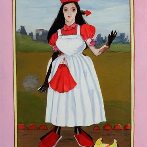 Image similar to chicken wearing a maid dress