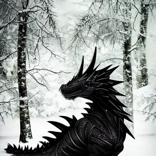 Prompt: handsome cute black dragon in snowy forest, dnd character, background focus, fantasy, magic, realistic
