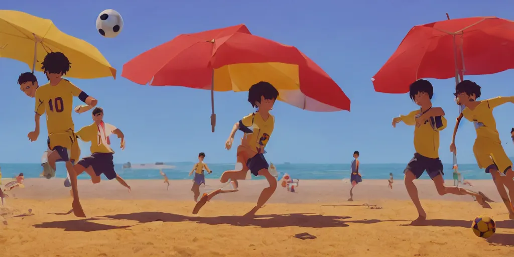 Image similar to a film still of a scene, where boys playing football, a sunny and colourful beach scene in santa monica, los angelos, the weather is very windy. narrow shot, low depth of field, wes anderson, studio ghibli, pixar and disney animation, sharp, rendered in unreal engine 5, anime key art by greg rutkowski, bloom, dramatic lighting