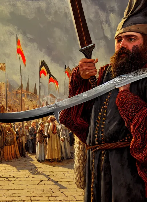 Prompt: bearded man selling swords in medieval fair, backround dark, highly detailed, digital illustration, trending in artstation, modern painting, smooth, sharp focus, intricate, einar jonsson, ilya repin