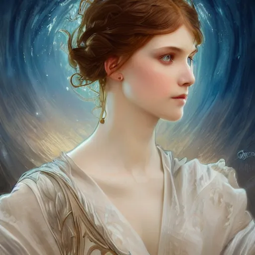 Image similar to portrait of astonishingly beautiful girl, blue eyes, face, fantasy, intricate, elegant, highly detailed, digital painting, artstation, concept art, smooth, sharp focus, illustration, art by artgerm and greg rutkowski and alphonse mucha