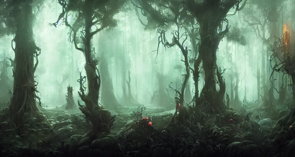 Prompt: A dense and dark enchanted forest with a swamp, by Peter Mohrbacher
