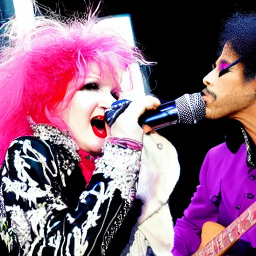 Prompt: Photo of Cyndi Lauper and Prince jamming on a stage at a festival