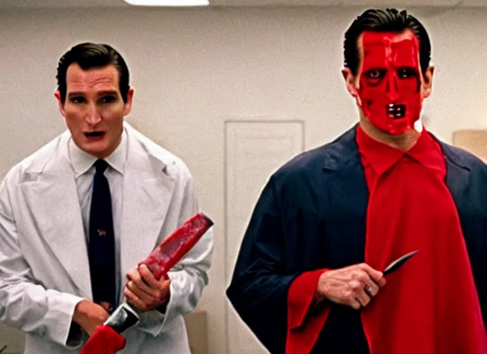 Image similar to film still of ted cruz as patrick bateman wearing a bloody poncho holding a knife in american psycho