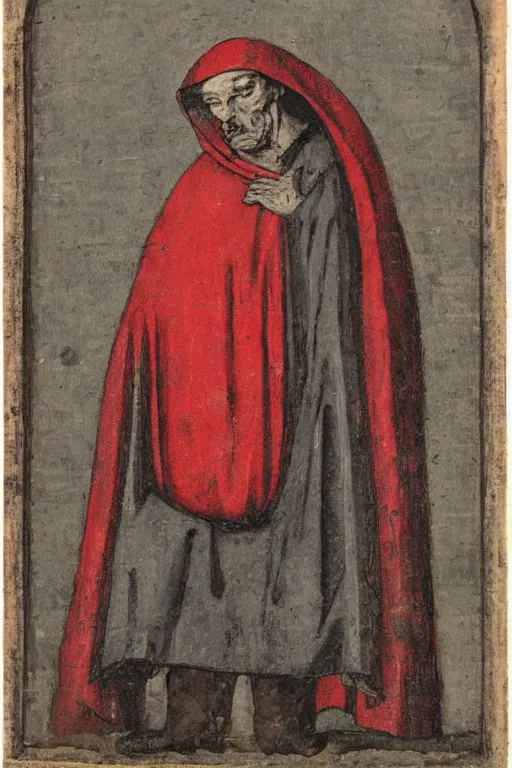 Prompt: medieval man wearing a red sack over his head, bloody, looking at the camera, photograph