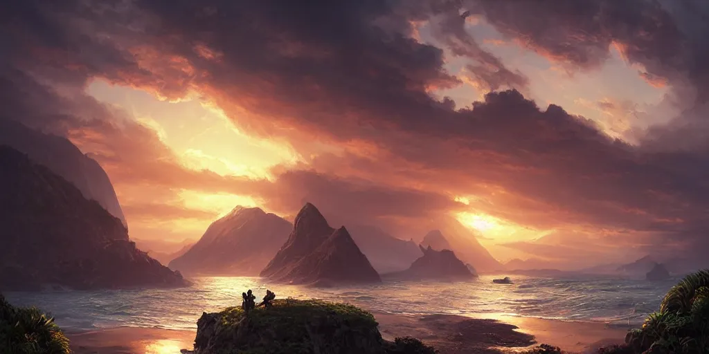 Image similar to beautiful hyper realistic island scenery at sunset, sand, tropical plants, albumcover, beautiful painting by greg rutkowski, ross tran, wlop, set in lord of the rings, starcraft, atmosphere, ethereal, magic, amazing, positive vibes