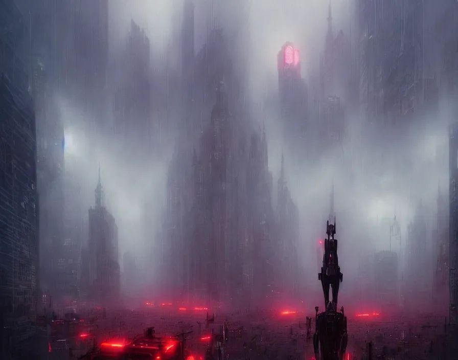 Prompt: a gigantic humanoid robot in the fog with red eyes marching across a metropolis, by greg rutkowski and moebius, epic, hyper detailed, cinematic, dramatic lighting, vivid colors, horror