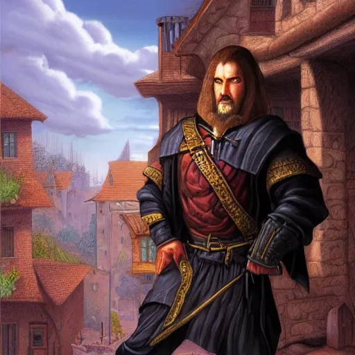 Prompt: portrait of a charismatic rogue, illustration by larry elmore, michael wellen, in a medieval city, tone mapping, airbrushed clouds, trending on artstation