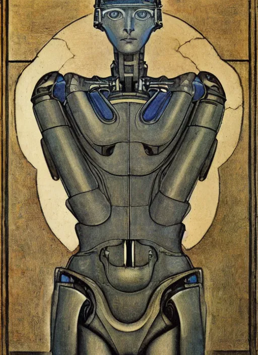 Image similar to a portrait of a robot cyborg by Edward Burne-Jones, pre-raphaelite style