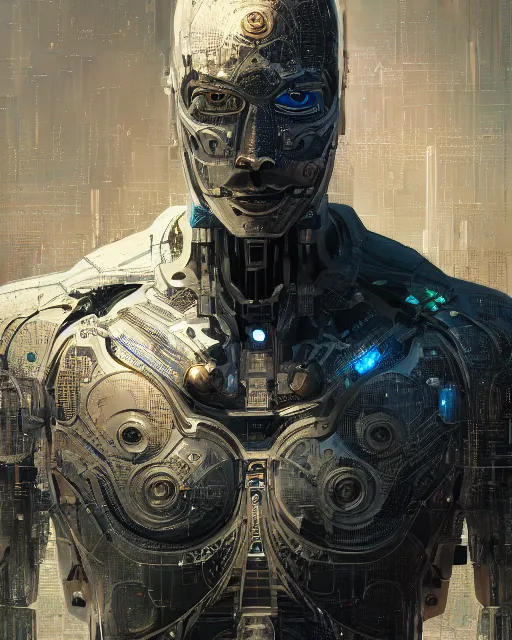 Prompt: cyborg man in suit. intricate abstract. intricate artwork. by tooth wu, wlop, beeple, dan mumford. trending on artstation, greg rutkowski very coherent symmetrical artwork. cinematic, hyper realism, high detail, octane render, 8 k, iridescent accents