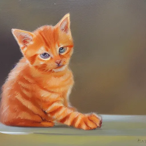 Image similar to knife palette oil painting of orange tabby kitten with golden eyes