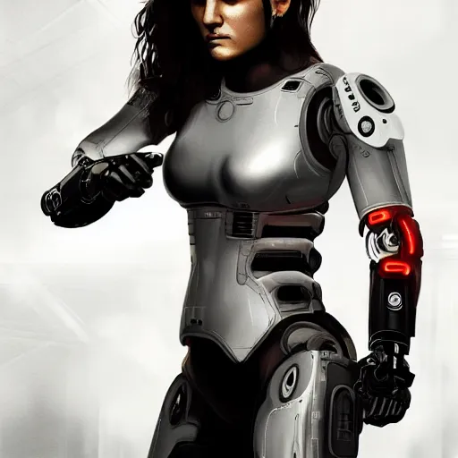 Image similar to beautiful digital painting of gina carano with one robotic cybernetic metallic grey arm, fighting pose, cyberpunk, highly detailed, hyperrealism, concept art, 8 k