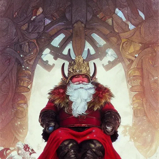 Prompt: santa claus wearing a viking helmet, art by artgerm, greg rutkowski and alphonse mucha