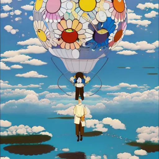 Image similar to a man walking on clouds above kyoto by takashi murakami, beeple and james jean, aya takano color style, 4 k, super detailed