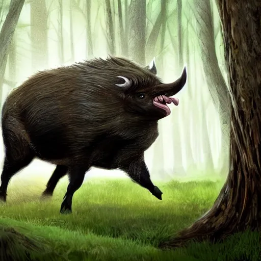 Image similar to donald trump riding a wild boar through the woods, digital art, highly detailed, cinematic lighting, epic composition