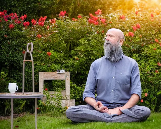 Image similar to mr robert is drinking fresh tea and meditate in a garden from spiral mug, detailed calm face, grey short beard, golden hour, red elegant shirt