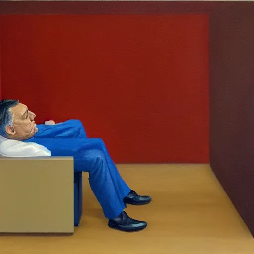 Image similar to viktor orban meditating in a cubicle, oil painting