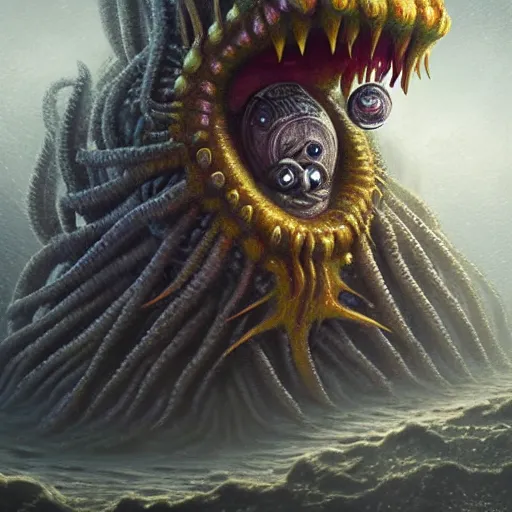 Image similar to portrait of SpongeBob as a large Lovecraftian monster, fantasy, intricate, elegant, highly detailed, digital painting, artstation, concept art, smooth, sharp focus, illustration, art by artgerm and greg rutkowski