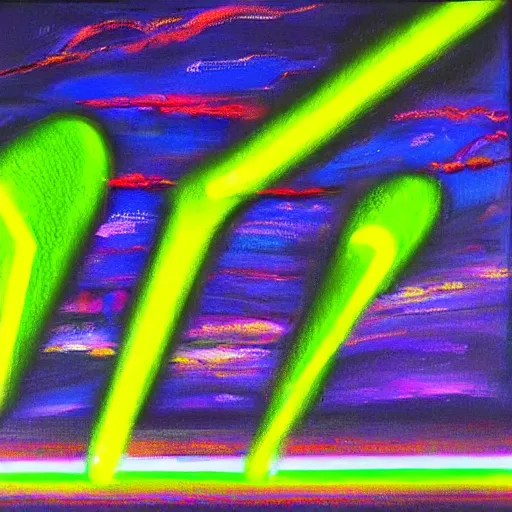 Image similar to Humans with wings flying to a neon light, oil painting