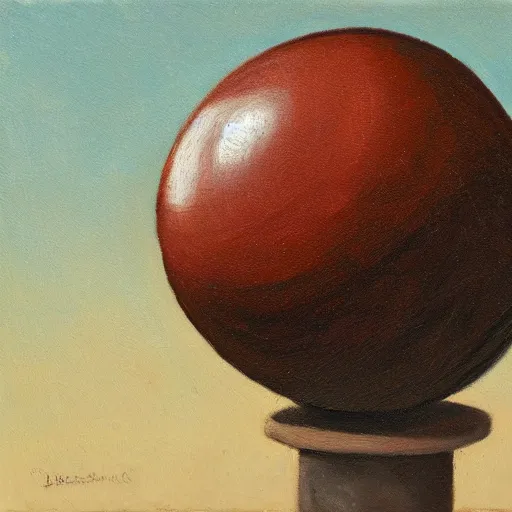 Image similar to oil painting of a spherical rough boulder on a pedestal with a match stick in its side, brown background