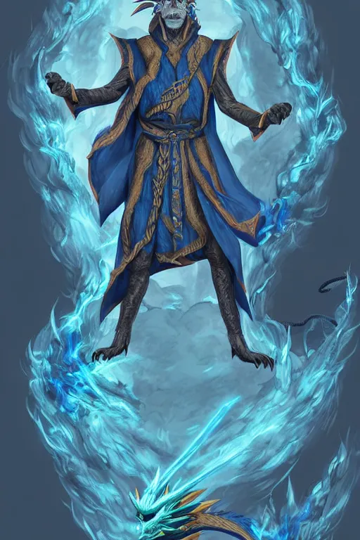 Image similar to full length portrait of a blue dragon sorcerer, anthropomorphic, nature lover, nerd, clumsy, electricity, comets, dragon, male, magical robes, high fantasy, d & d, by tyler jacobson, face details, extremely detailed, digital illustration