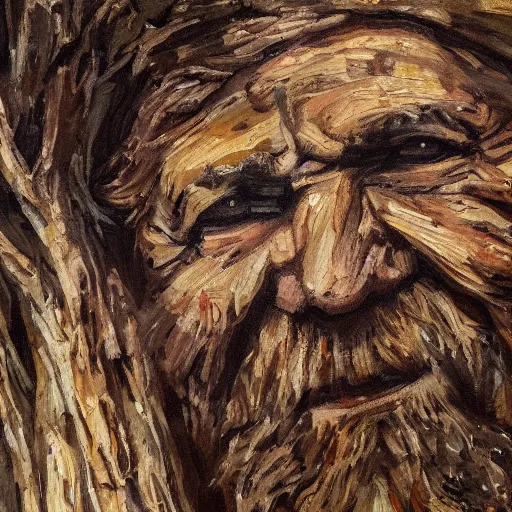 Image similar to A painting of an oak tree, with the face of an old bearded man, close up portrait of a human face made out of bark in a tree