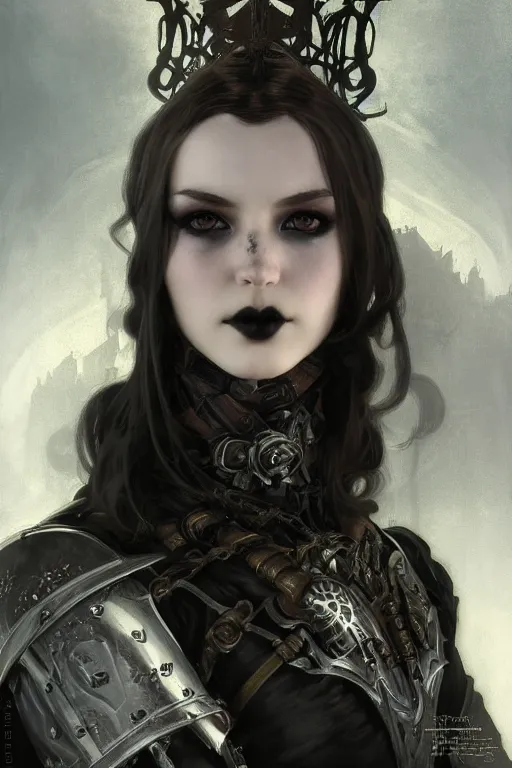 Image similar to beautiful and gothic and evil and luxury and dieselpunk young medieval female knight portrait +smoky eyes+front face with light flowing hair, ultradetail face, art and illustration by tian zi and craig mullins and WLOP and alphonse mucha, fantasy, intricate complexity, human structure, human anatomy, fantasy character concept, watermark, blurry, hyperrealism 8k