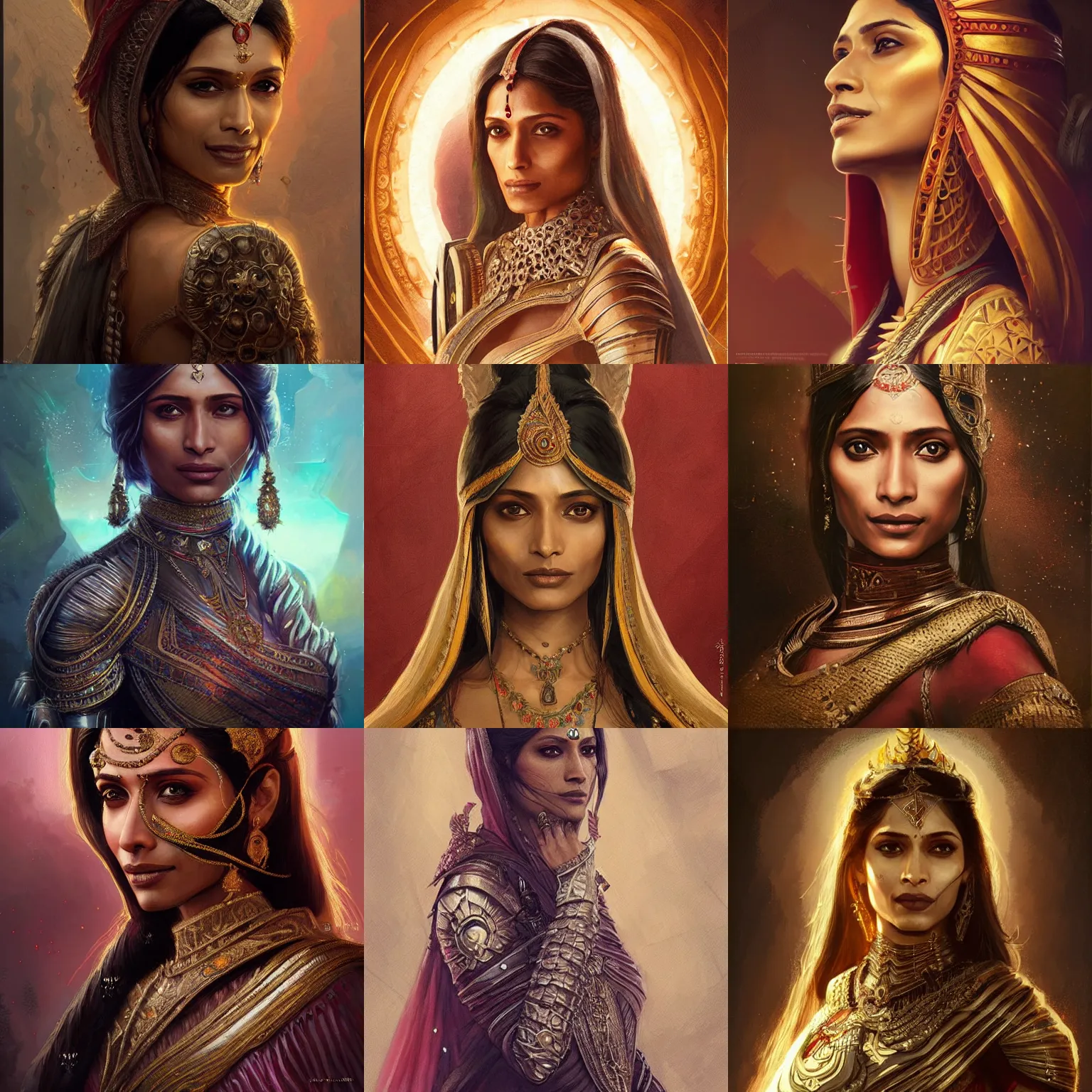 Image similar to indian empress, freida pinto, art by artgerm and greg rutkowski and magali villeneuve, intricate renaissance armor, portrait, highly detailed, headshot, intricate, elegant, digital painting, trending on artstation, concept art, sharp focus, illustration