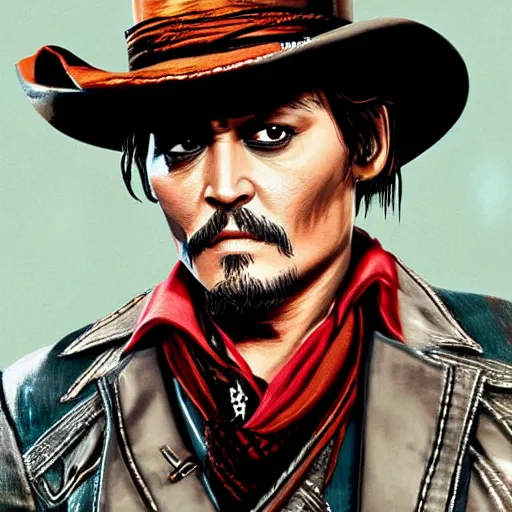 Prompt: Johnny Depp in the style of the Red Dead Redemption 2 cover art