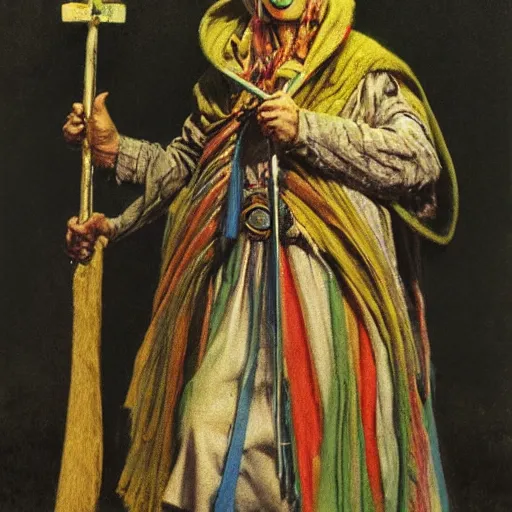 Image similar to a shaman in a rainbow hooded poncho, a venetian mask and holding a gold cane. by alan lee