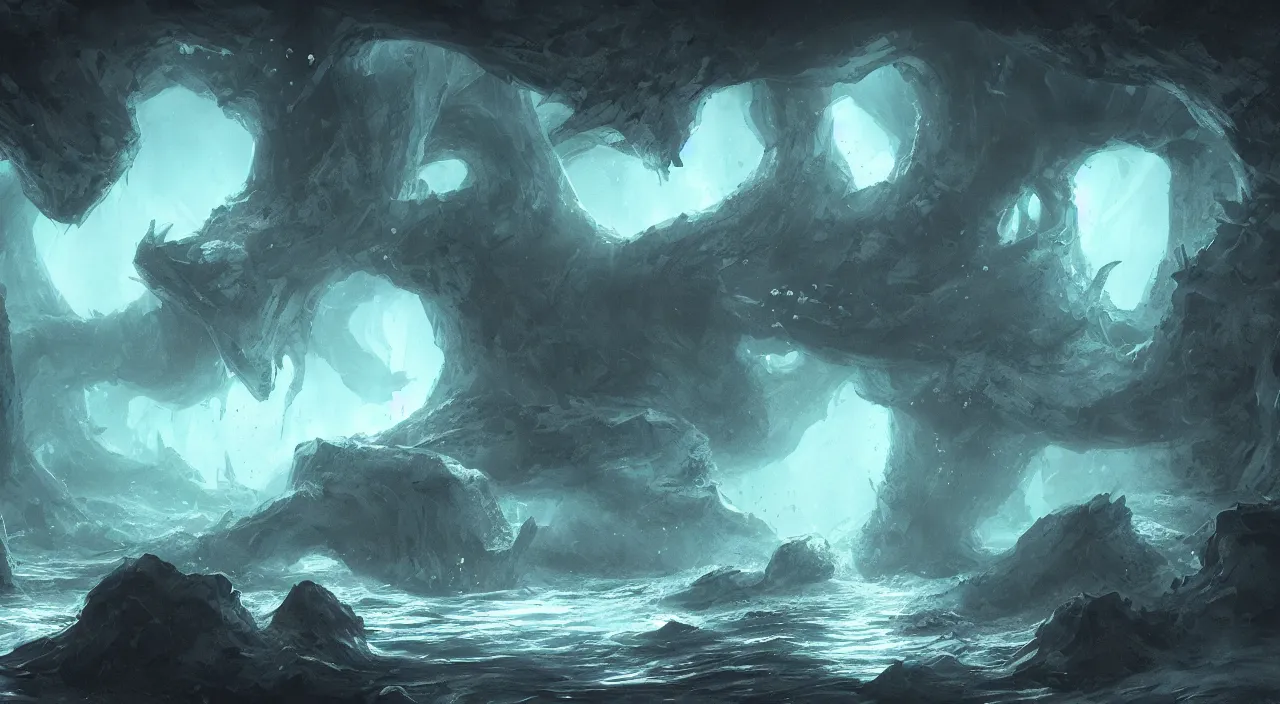 Image similar to Underwater luminescent cave with Leviathans, eerie, emotion, moody, concept art, cinematic