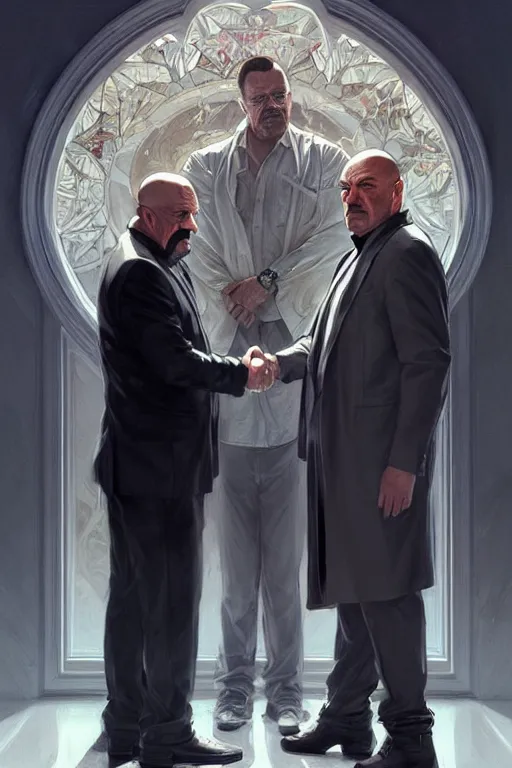 Image similar to walter white shaking hands with tony soprano and tony montana, perfect-full-shot, intricate, elegant, highly detailed, digital painting, artstation, concept art, smooth, sharp focus, illustration, art by artgerm and greg rutkowski and alphonse mucha