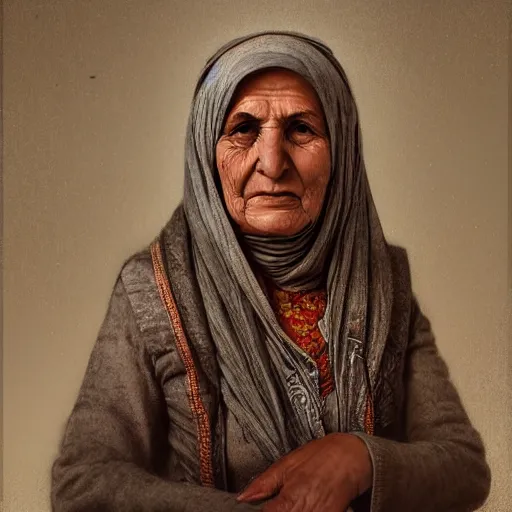 Image similar to hyperrealistic mixed media high resolution image of a beautiful Kurdish grandmother, stunning 3d render inspired art by István Sándorfi and Greg Rutkowski and Unreal Engine, perfect symmetry, dim volumetric lighting, 8k octane beautifully detailed render, post-processing, extremely hyper-detailed, intricate, epic composition, highly detailed attributes, highly detailed atmosphere, full body shot, cinematic lighting, masterpiece, trending on artstation, very very detailed, masterpiece, stunning, flawless structure, lifelike texture, perfection,