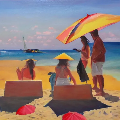 Image similar to a painting of people on a beach with umbrellas, satellite view, a painting by Sally West, featured on tumblr, action painting, oil on canvas, painterly