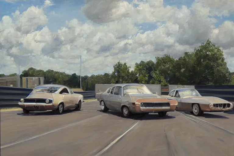 Image similar to hyperrealistic painting of intersecting cars hovering midair by Mary Pratt