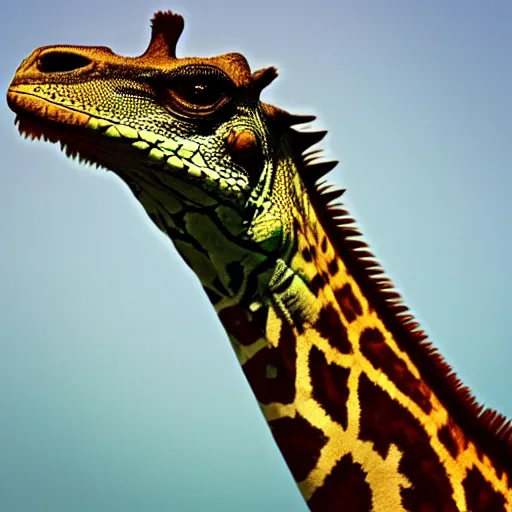 Image similar to nature photograph of a giraffe iguana!! hybrid, bold natural colors, masterpiece, trending on artstation, photograph