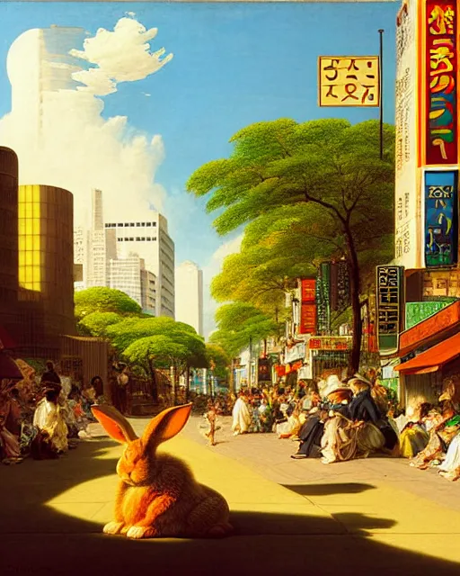 Prompt: a rabbit bear, sitting in tokyo, unique, sunny day, busy street, art by thomas cole